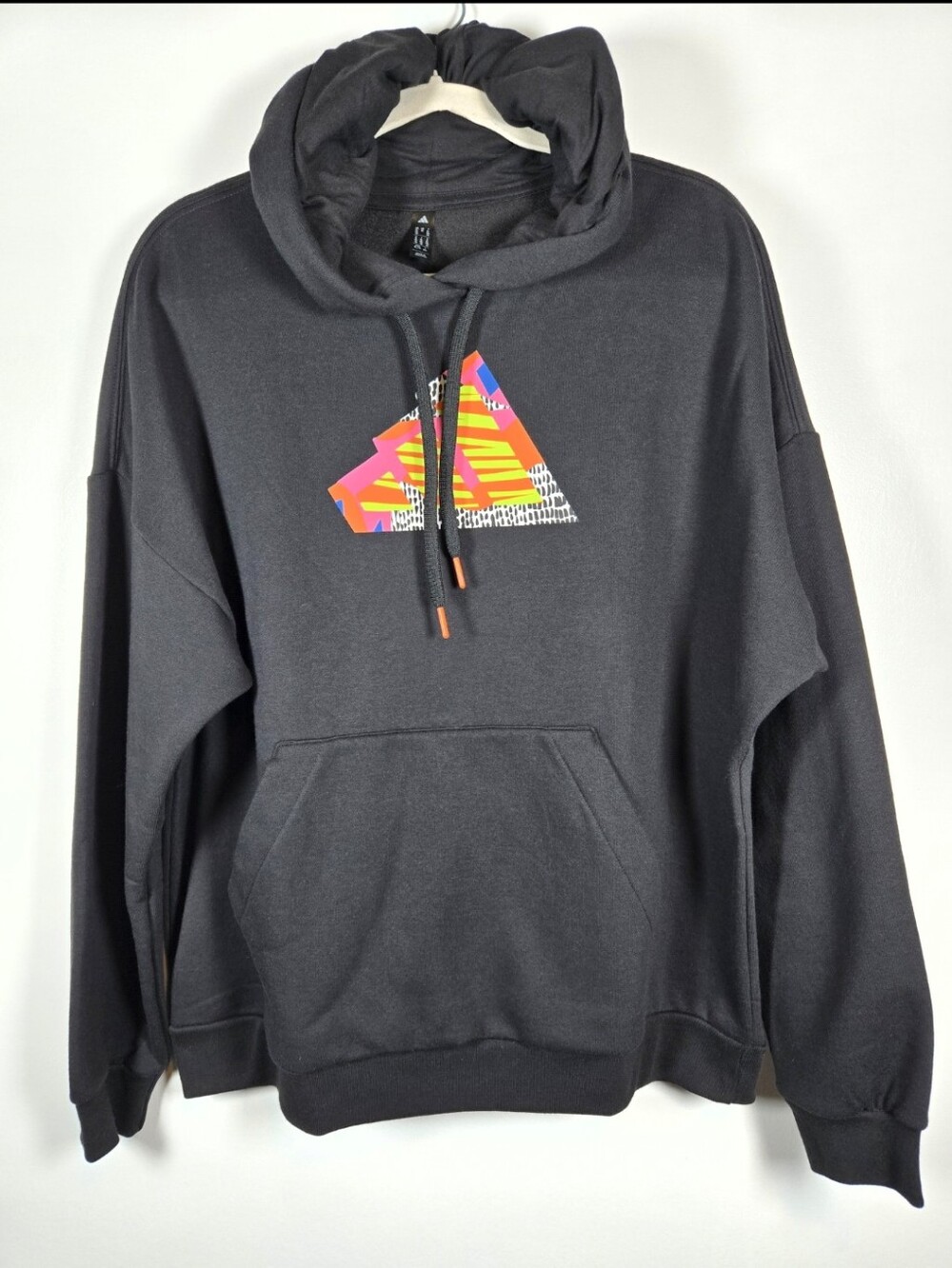 NEW Adidas Black Abstract Neon Logo Fleece Hoodie Sweatshirt Size XL